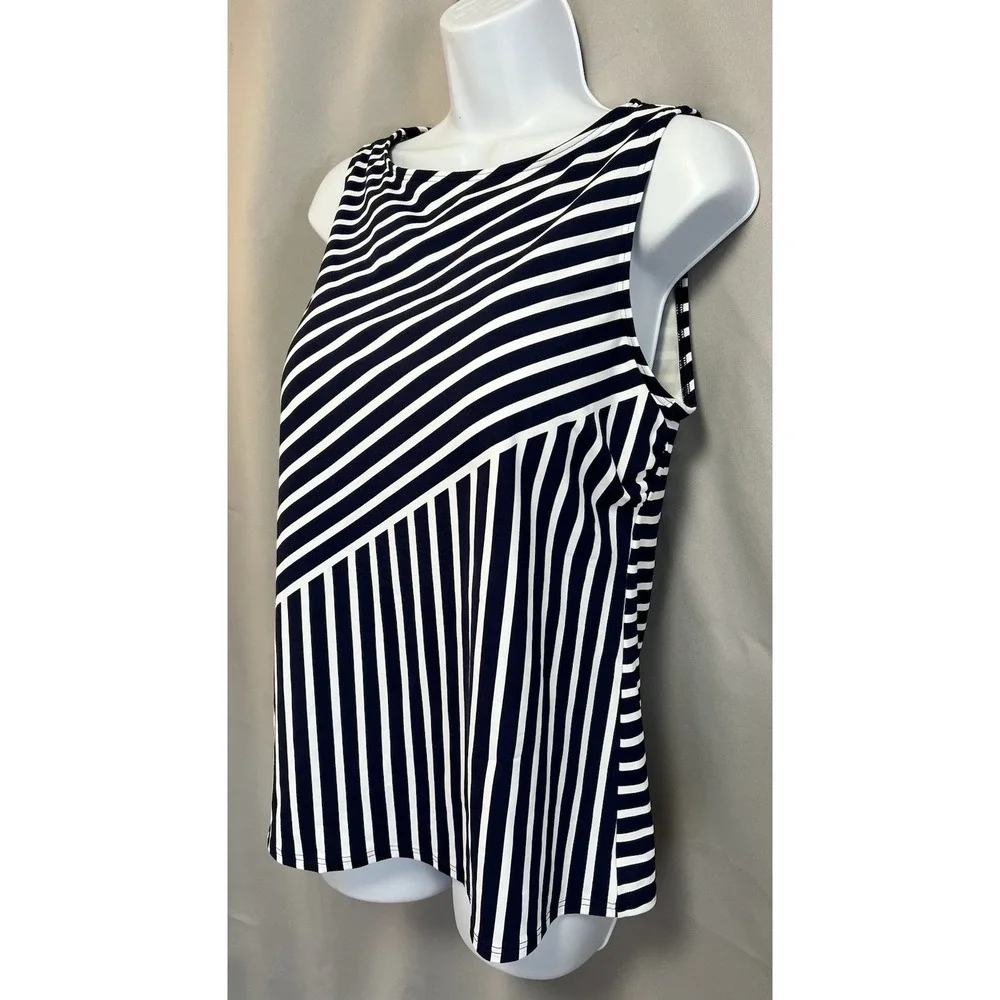 Lands End 14D Swimsuit‎ Tankini Tank Top Navy Blue Stripe High Neck UPF50 NWOT
